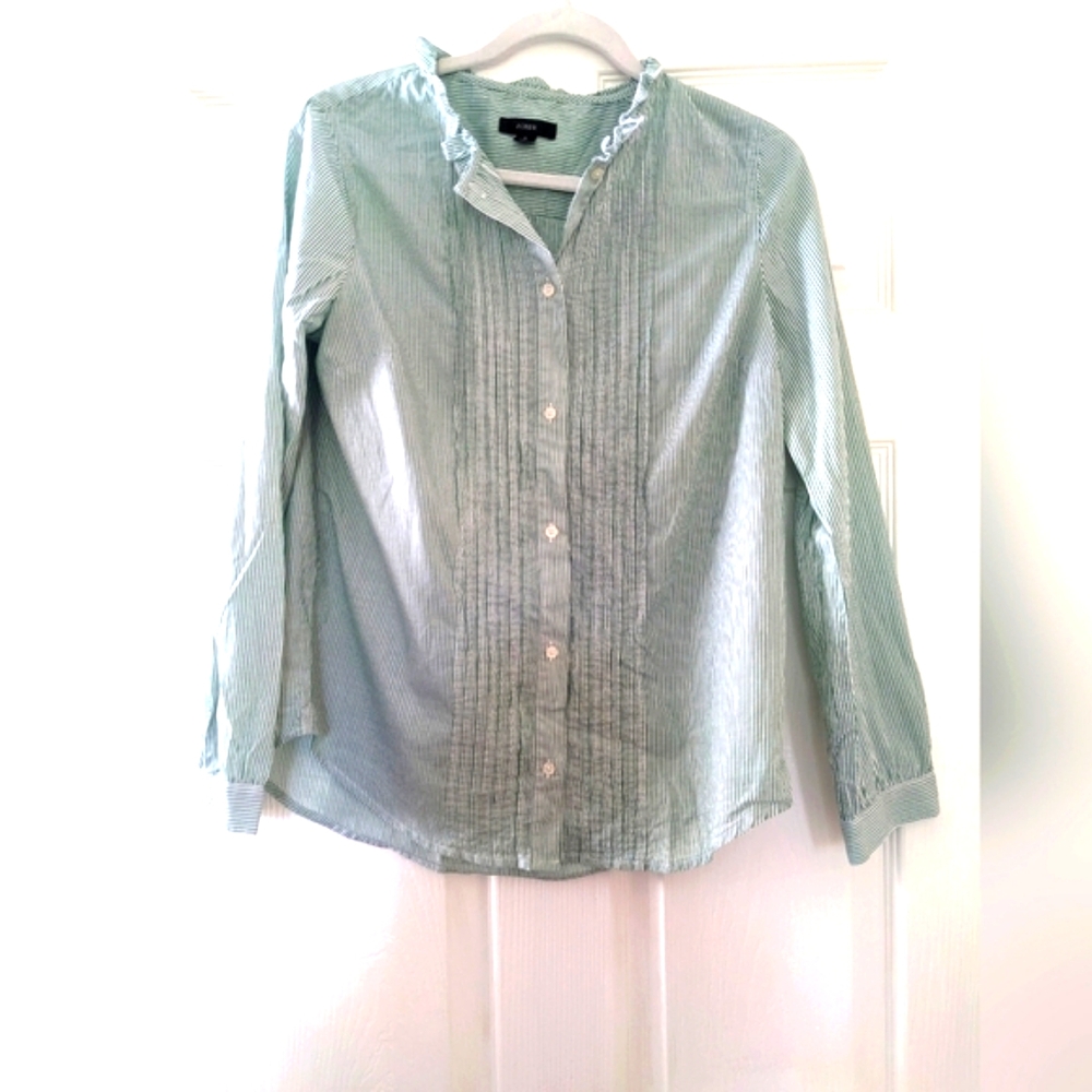 J. Crew Women's Ruffle Trim Collar Button Down Pinstripe Shirt | S